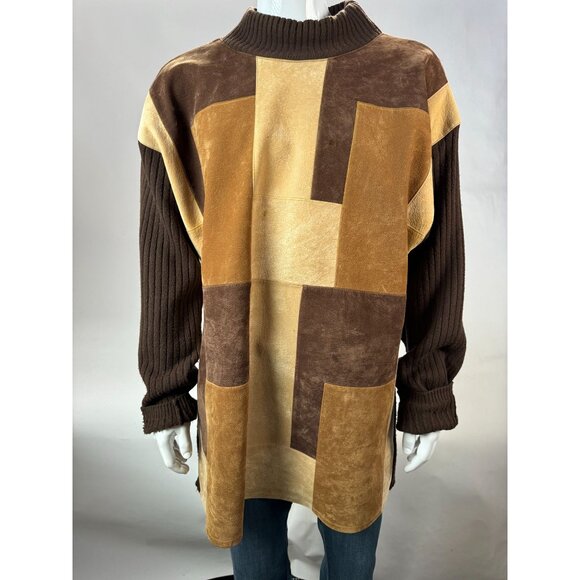 VTG 80s Koman Sport Patchwork Sweater Brown & Tan Ribbed Knit Mens L Blemish - Picture 16 of 16